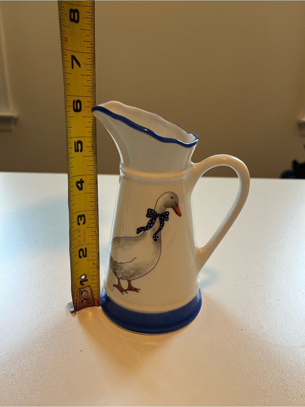 Blue-Trim Porcelain Goose Pitcher - Home Dining. From Sarlat, France